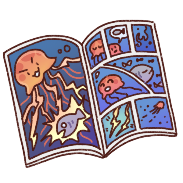 A comic book with colored panels, showing a hunting jellyfish with electric tentacles.